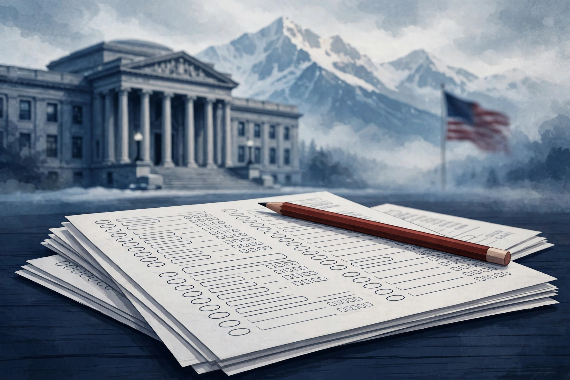 Editorial illustration of Alaska ballots, a courthouse and snow-covered mountains for the U.S. Senate election lawsuit