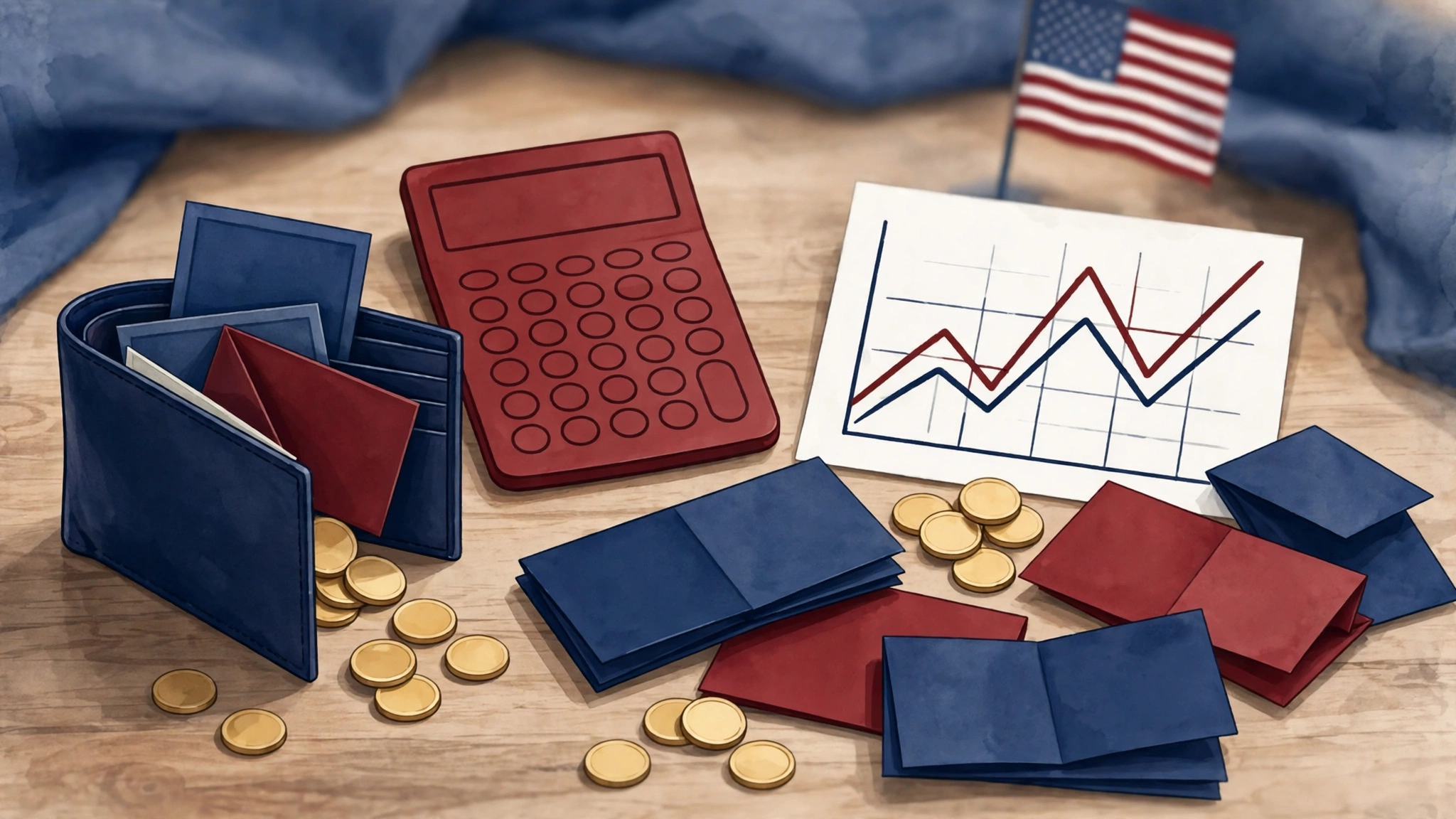 Editorial illustration of a household wallet, calculator, coins and budget chart for a U.S. election explainer